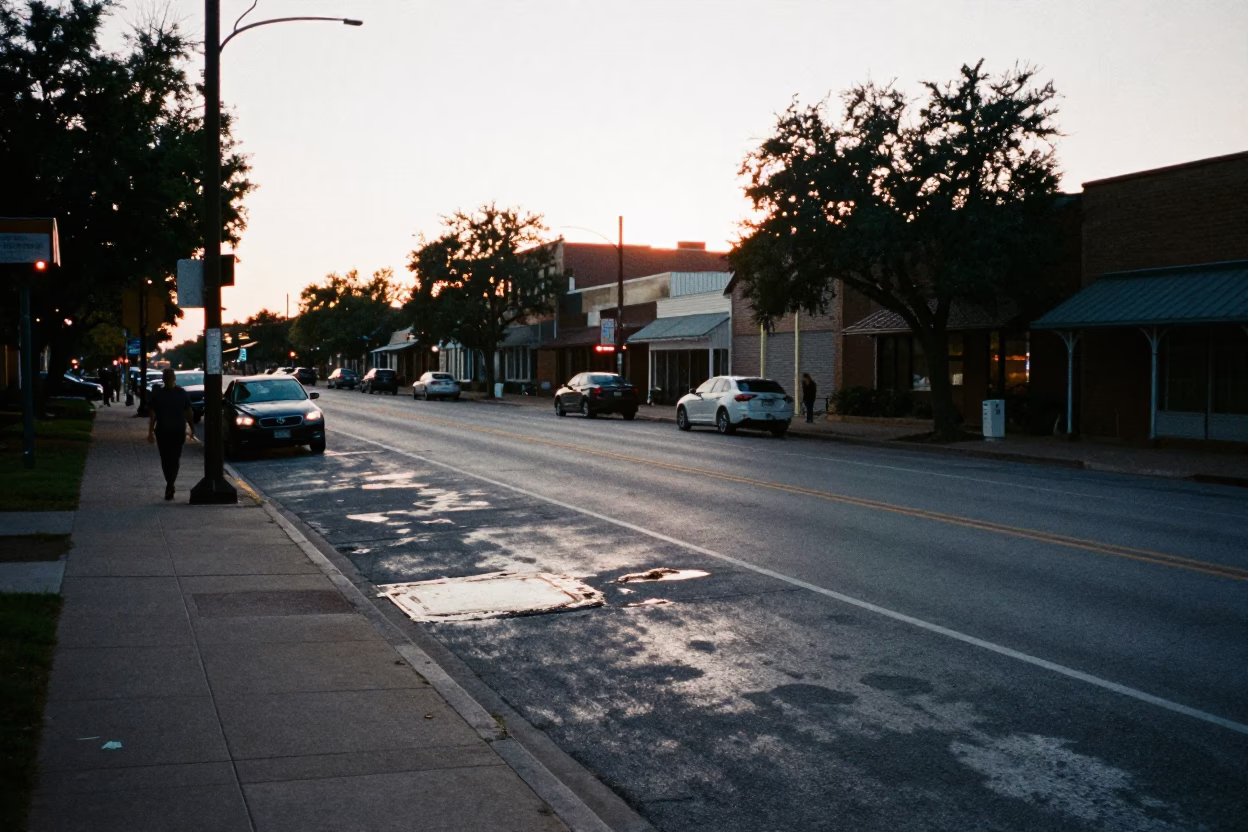Early Evening Austin Texas Street Scene with Grease Sheen on Bench and Sun Hats in in Austin, Texas, United States