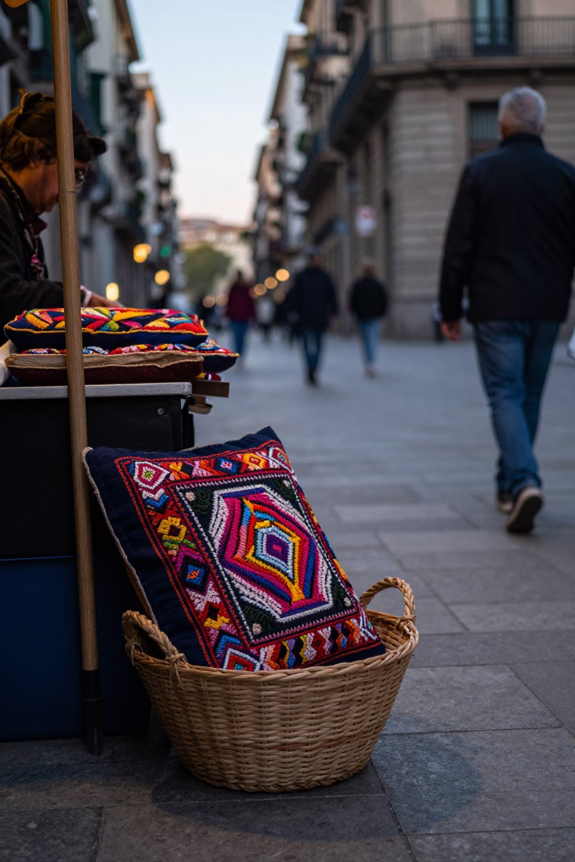 Early Evening Barcelona Street Scene with Embroidered Cushion and Brooms in in Barcelona, Spain