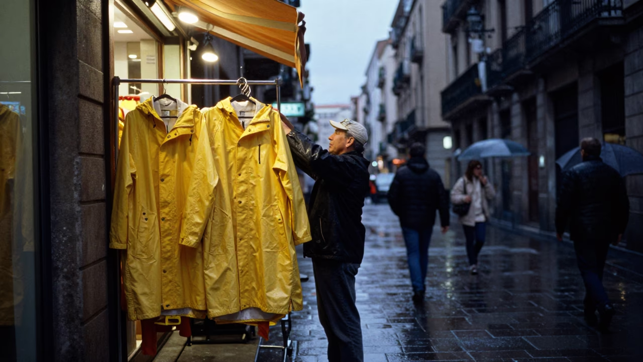 Early Evening Barcelona Street Scene with Raincoats and Urban Details in in Barcelona, Spain