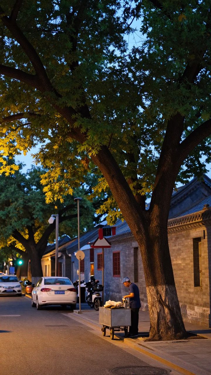 Early Evening Beijing Street Scene with Banyan Tree and Urban Life in in Beijing, China