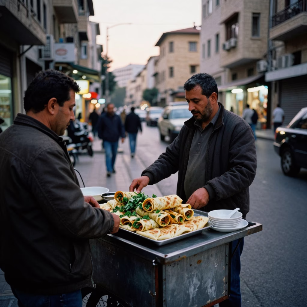 Early Evening Beirut Street Scene with Lahmacun and Local Life in in Beirut, Lebanon