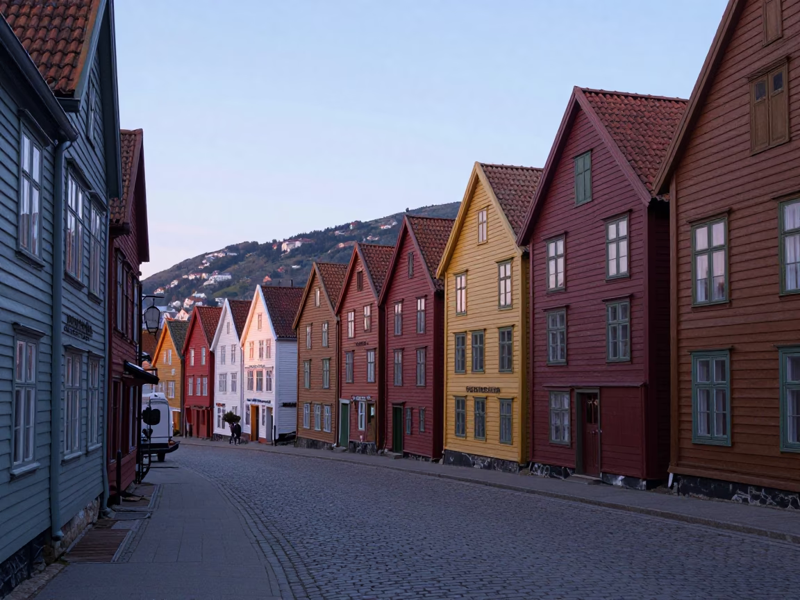 Early Evening Bergen Norway Street Scene with Colorful Wooden Houses and Pedestrians in in Bergen, Norway