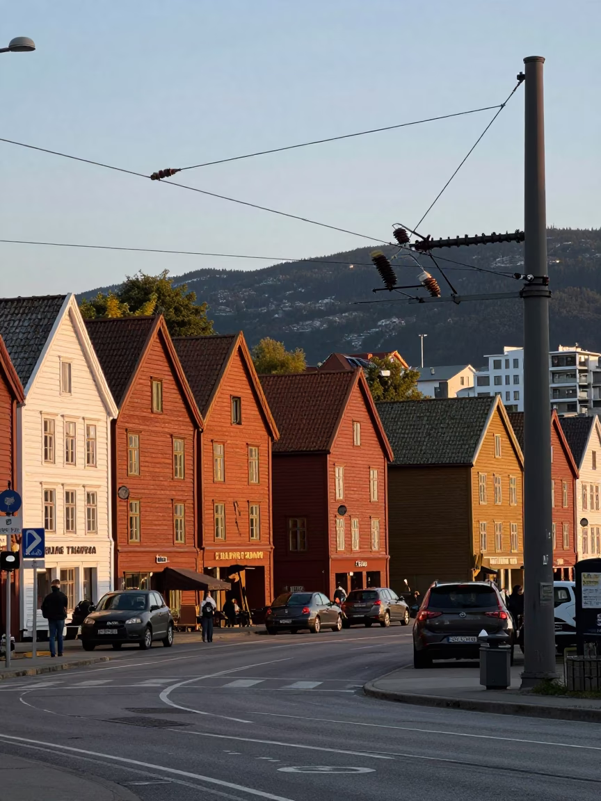 Early Evening Bergen Norway Street Scene with Substation Busbars and Coastal Horizon in in Bergen, Norway