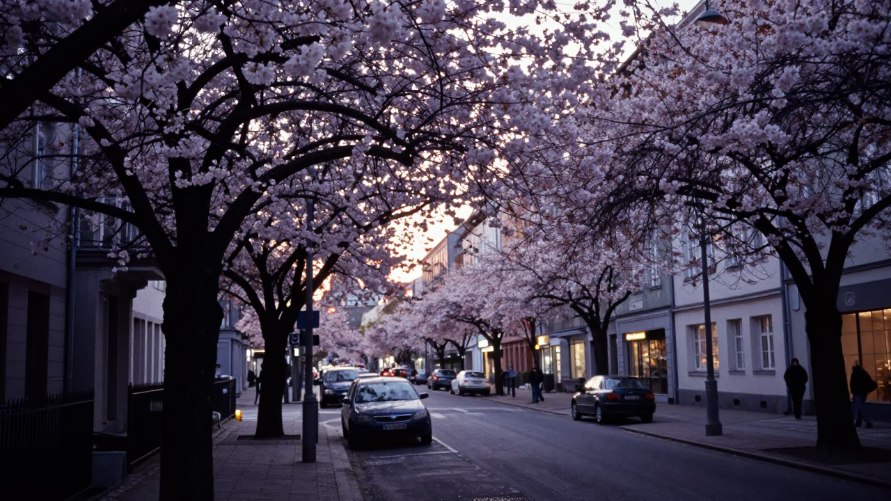 Early Evening Berlin Street Scene with Cherry Blossoms and Traditional Architecture in in Berlin, Germany