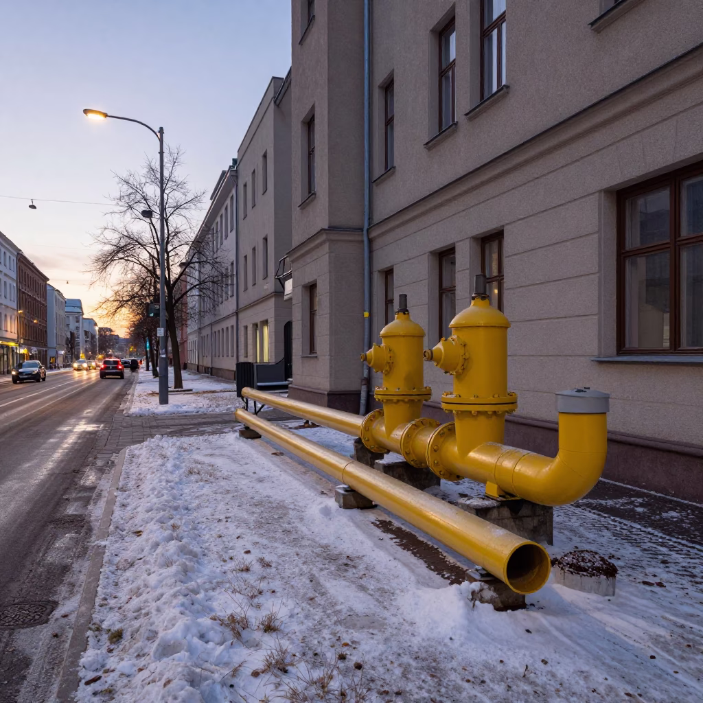 Early Evening Berlin Street Scene with District Heating Pipes and Lakeland Terrier in in Berlin, Germany