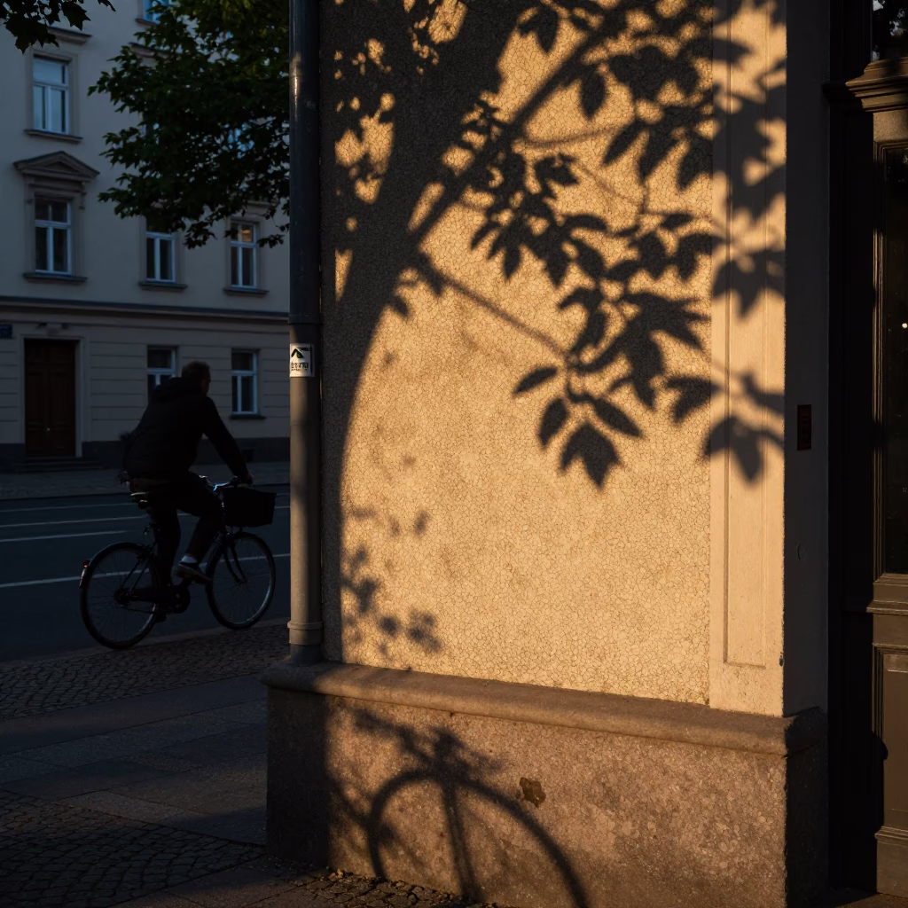 Early Evening Berlin Street Scene with Leaf Shadows on Doorframe and Clay Pots in in Berlin, Germany