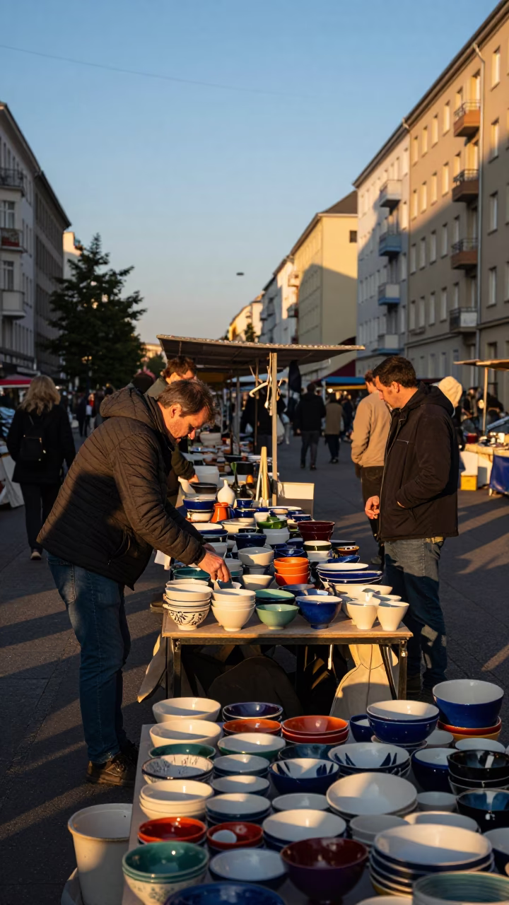 Early Evening Berlin Street Scene with Pottery Market Stalls and Local Commerce in in Berlin, Germany