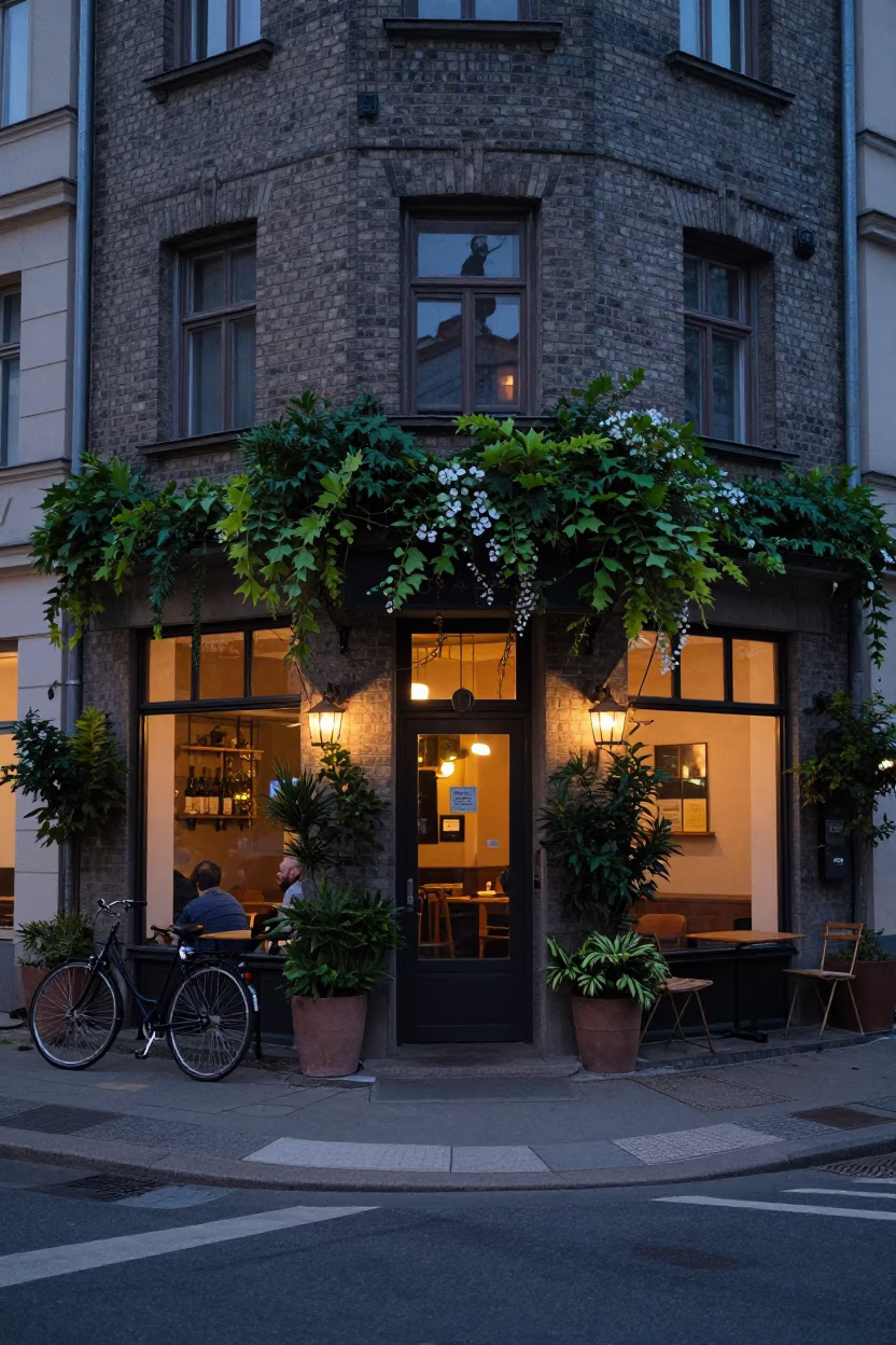 Early Evening Berlin Street Scene with Succulent Cafe Wall and Bicycle in in Berlin, Germany