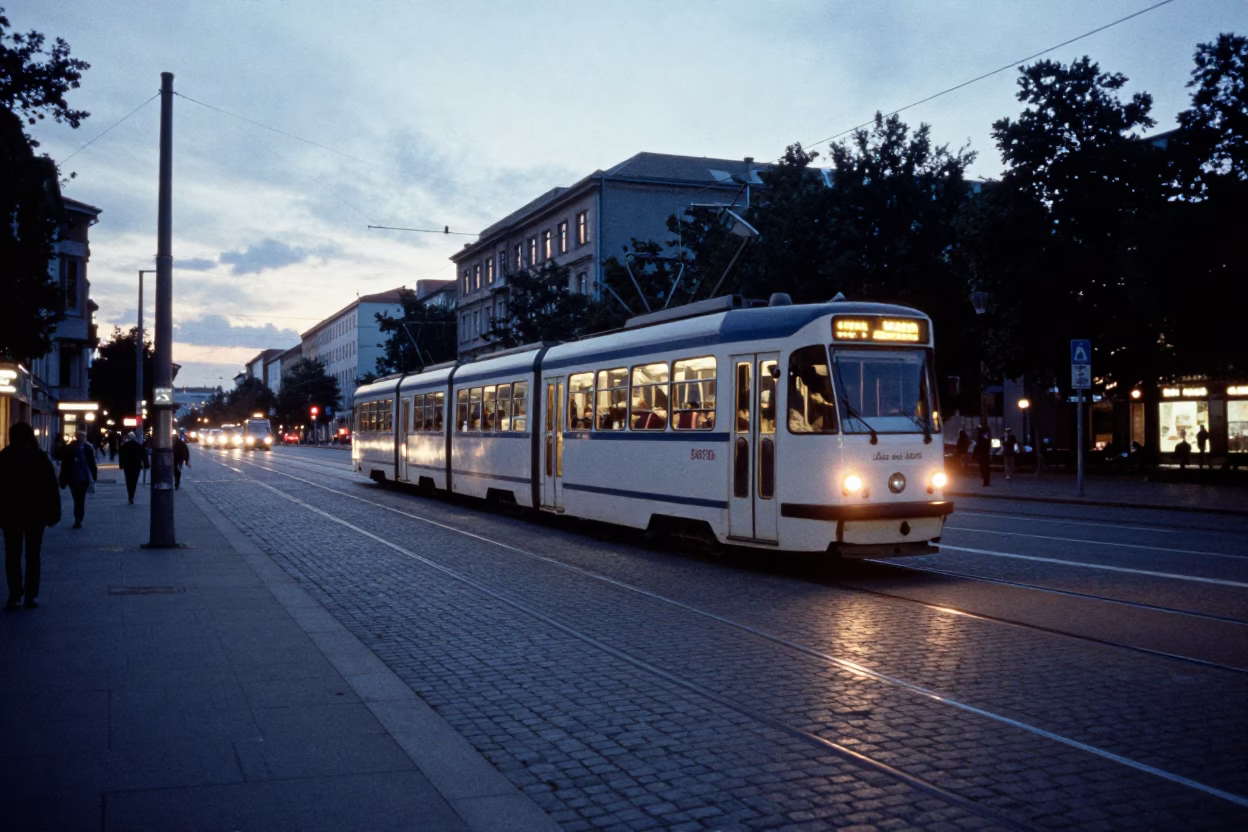 Early Evening Berlin Street Scene with Vintage Tram and Cobblestone Details in in Berlin, Germany