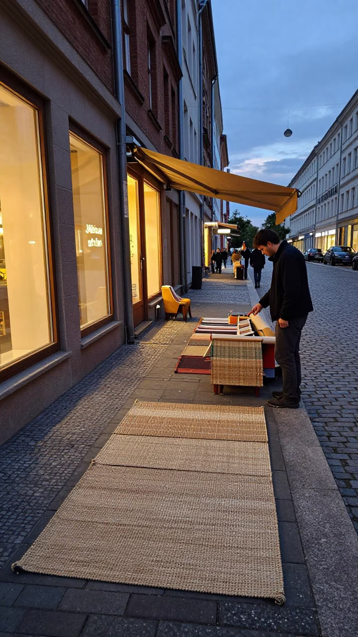 Early Evening Berlin Street Scene with Woven Mats and Mechanical Pencil in in Berlin, Germany