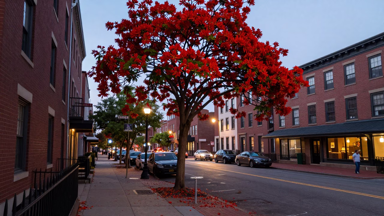Early Evening Boston Street Scene with Flame Tree Bloom and Leather Basketball in in Boston, Massachusetts, United States