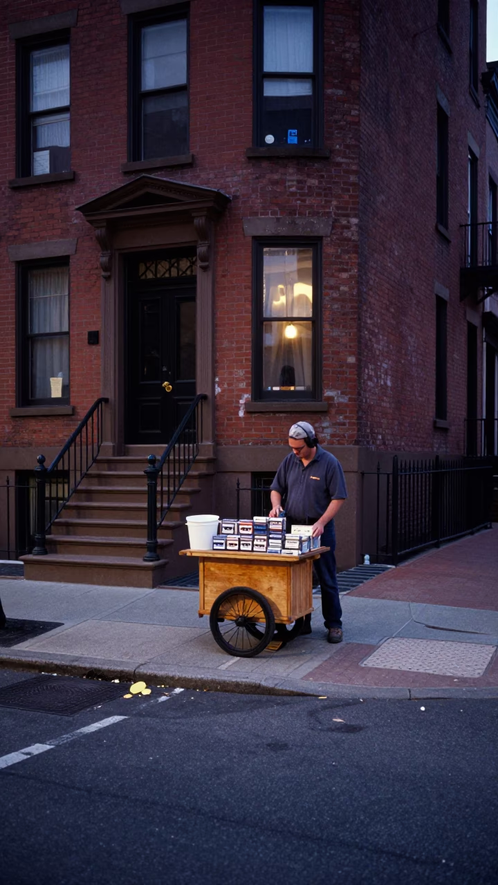 Early Evening Boston Street Scene with Vintage Cassette Tapes and Glass Tumbler in in Boston, Massachusetts, United States
