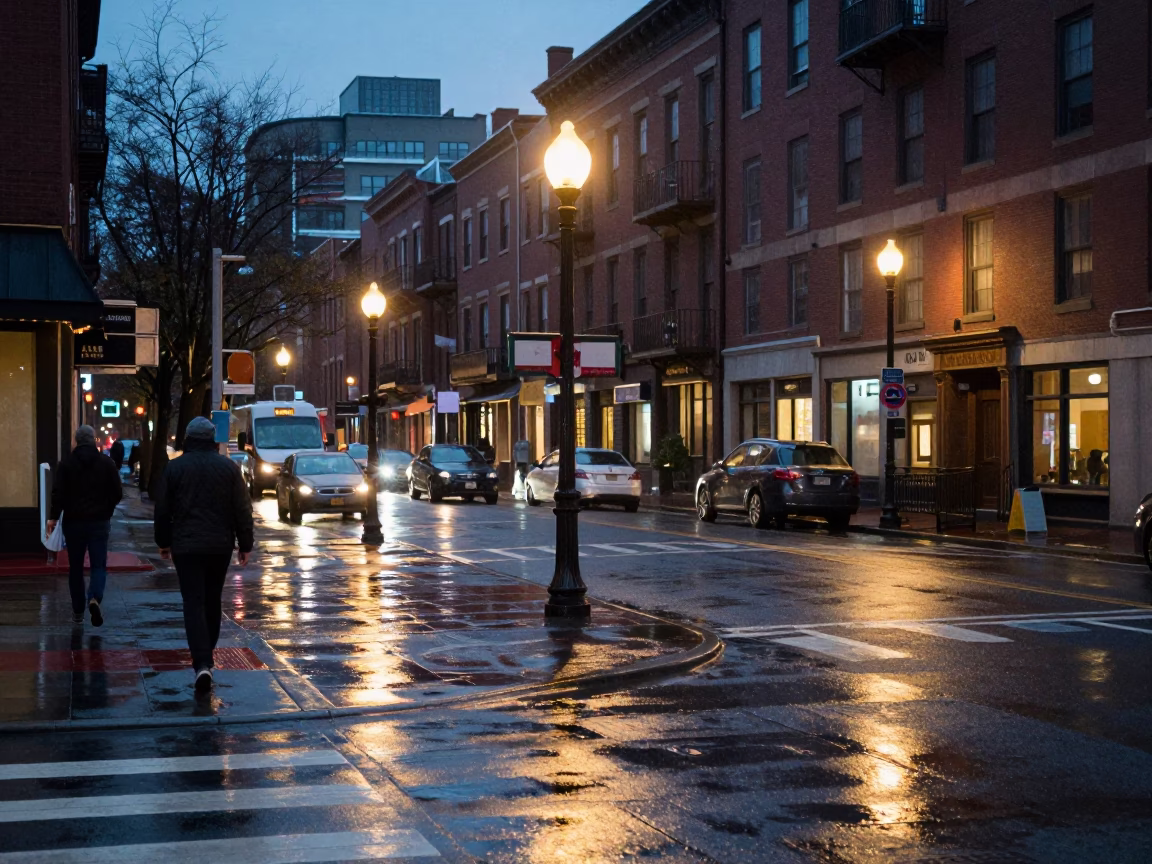 Early Evening Boston Street Scene with Wet Asphalt and Local Pedestrians in in Boston, Massachusetts, United States