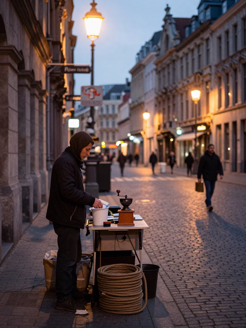 Early Evening Brussels Street Scene with Vendor and Small Items in in Brussels, Belgium