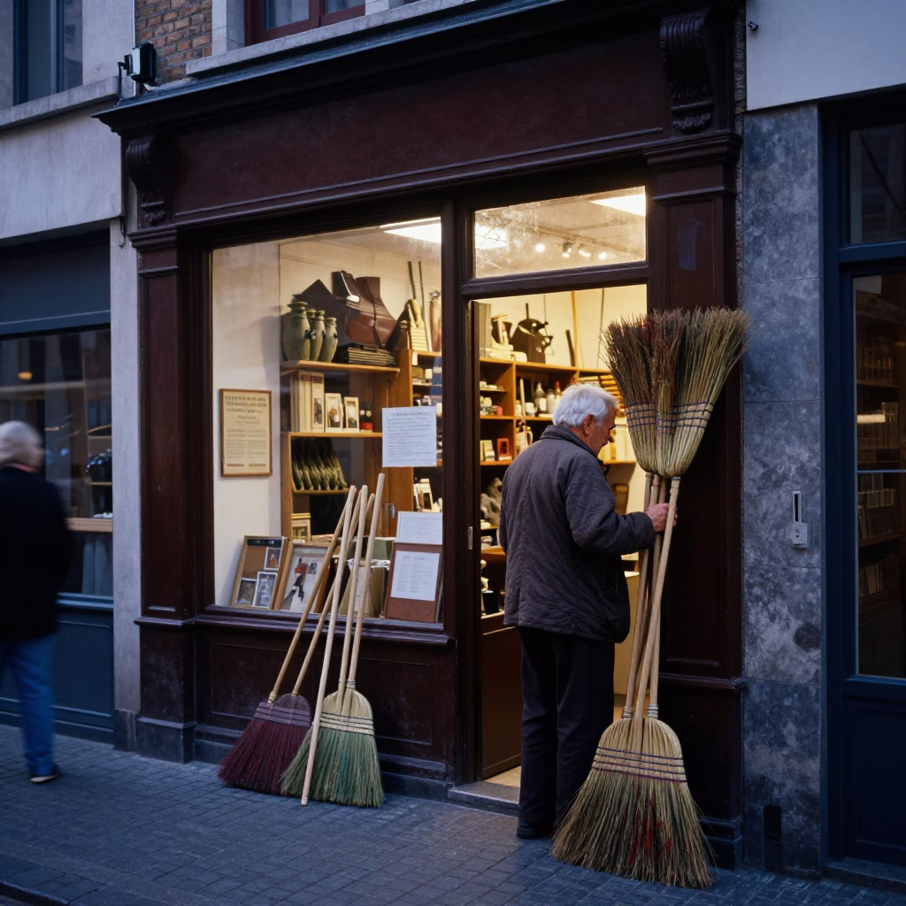 Early Evening Brussels Street Scene with Vintage Brooms and Storage Tins in in Brussels, Belgium