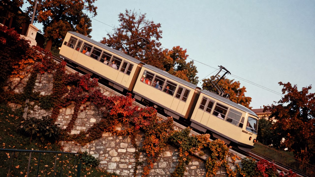 Early Evening Budapest Funicular Ascent Amidst Autumn Vine Covered Hillside in in Budapest, Hungary