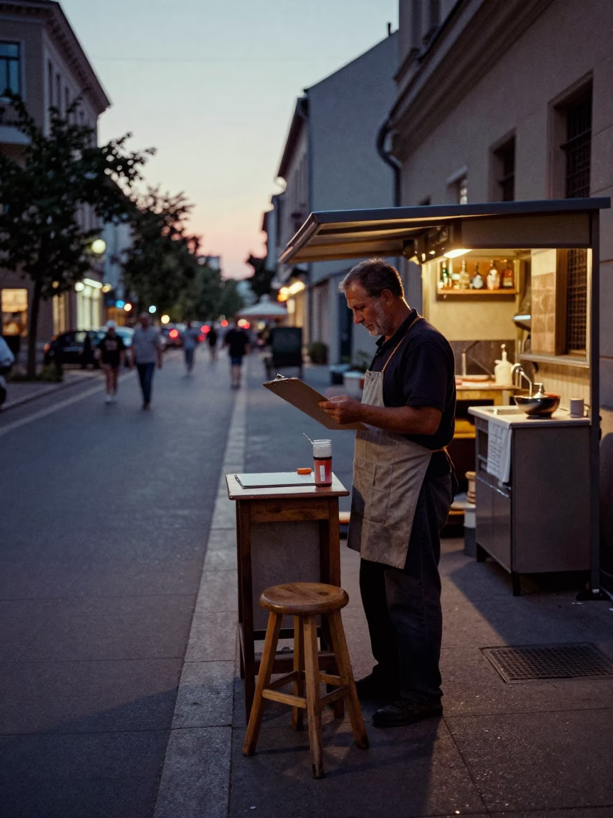 Early Evening Budapest Street Scene with Clipboard and Kitchen Stool in in Budapest, Hungary