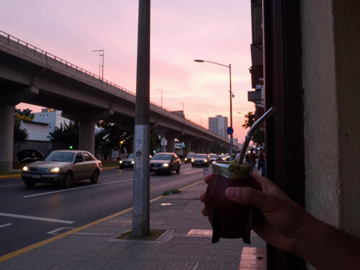Early Evening Buenos Aires Street Scene with Yerba Mate and Highway Overpass in in Buenos Aires, Argentina