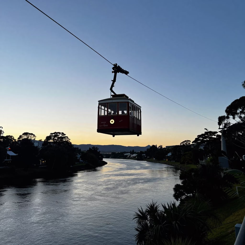 Early Evening Cable Car Crossing Deep River Valley in Hobart Tasmania Australia in in Hobart, Tasmania, Australia
