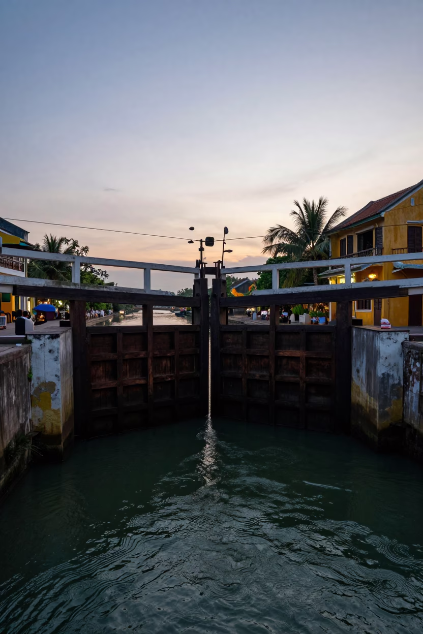 Early Evening Canal Lock Gate Closing on Still Green Water in Hoi An Vietnam in in Hoi An, Vietnam