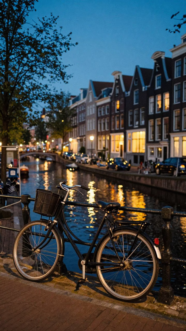 Early Evening Canal Scene in Amsterdam Netherlands with Vintage Bicycle and Coffee Shop Atmosphere in in Amsterdam, Netherlands