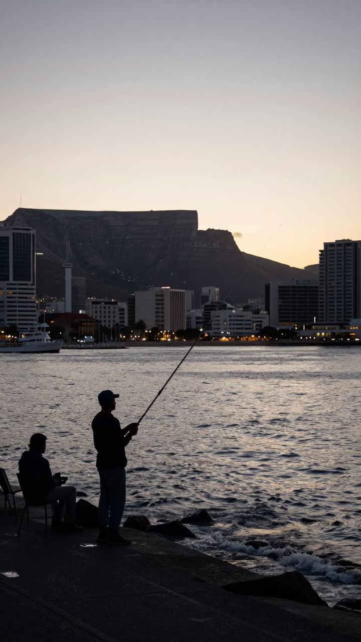 Early Evening Cape Town Street Scene with Fisherman Casting Line Near Waterfront in in Cape Town, South Africa