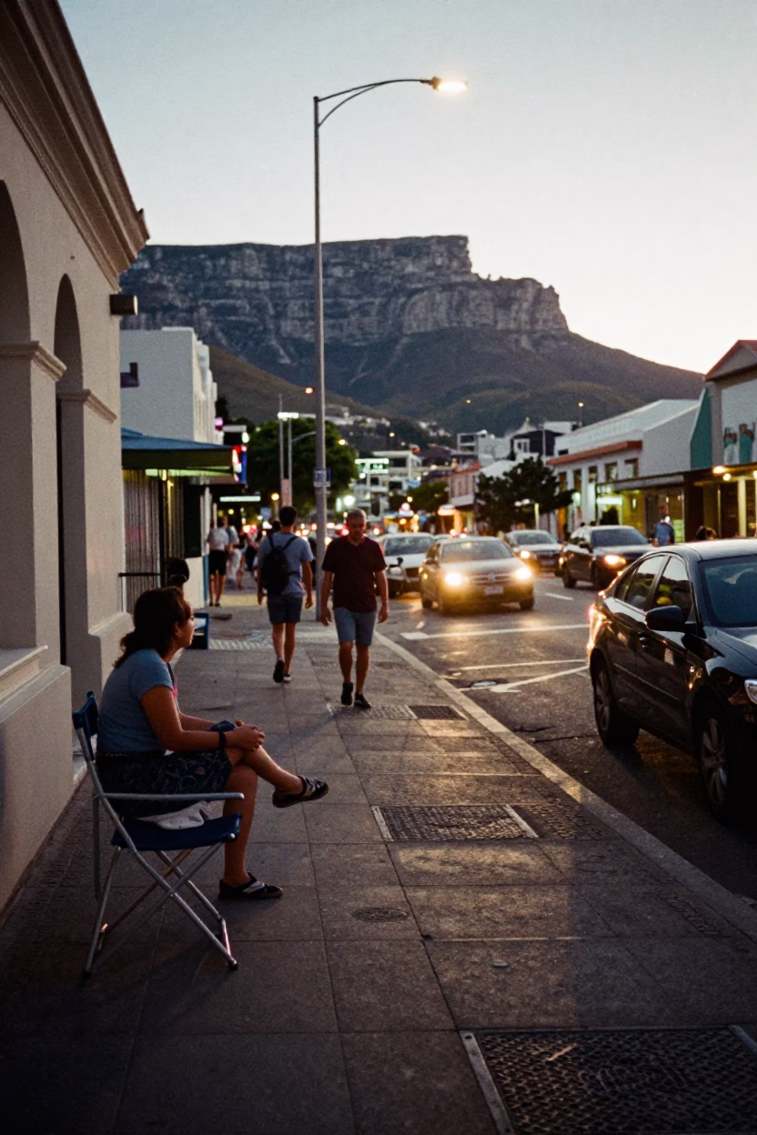 Early Evening Cape Town Street Scene with Folding Chair and Urban Life in in Cape Town, South Africa