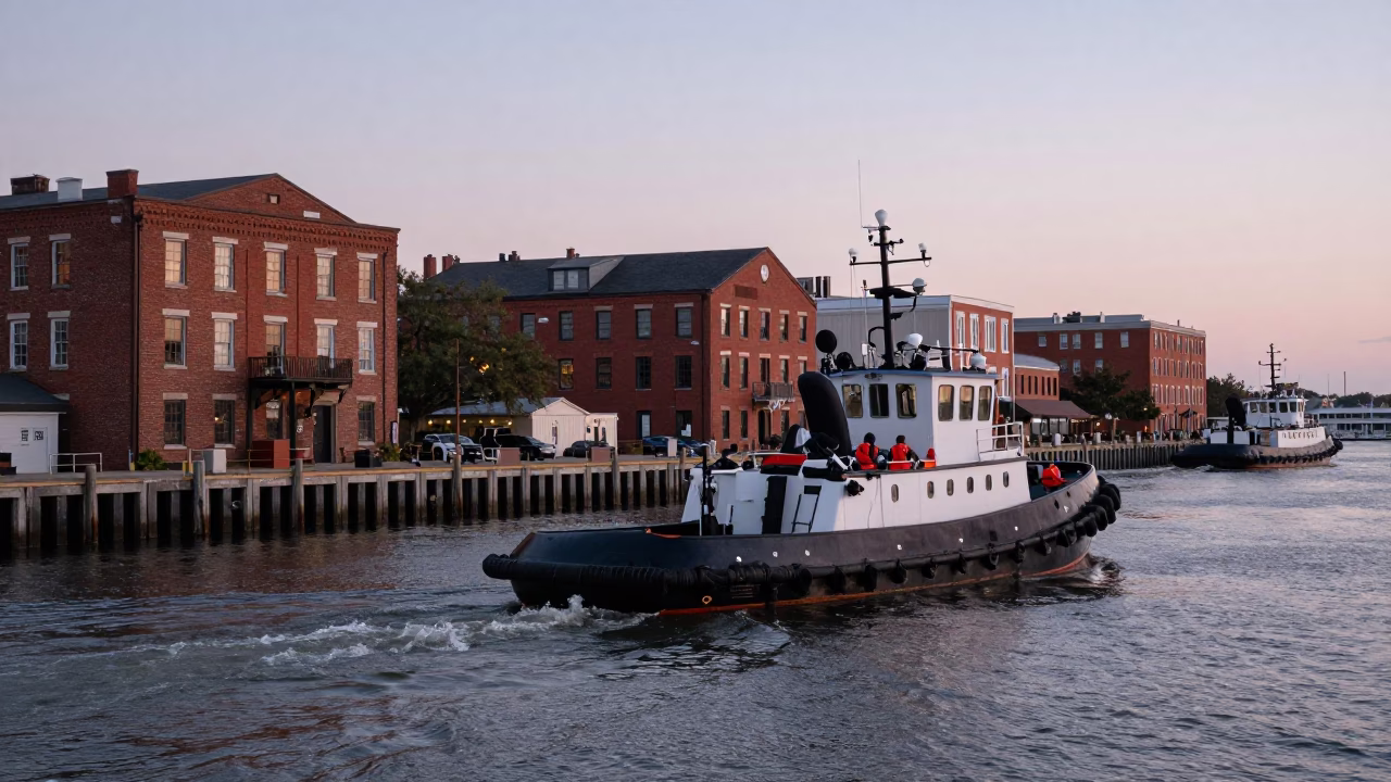 Early Evening Charleston South Carolina Harbor Tugboat and Historic Brick Architecture in in Charleston, South Carolina, United States