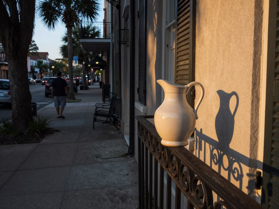 Early Evening Charleston South Carolina Street Scene with Wicker Shadow and Ceramic Pitcher in in Charleston, South Carolina, United States