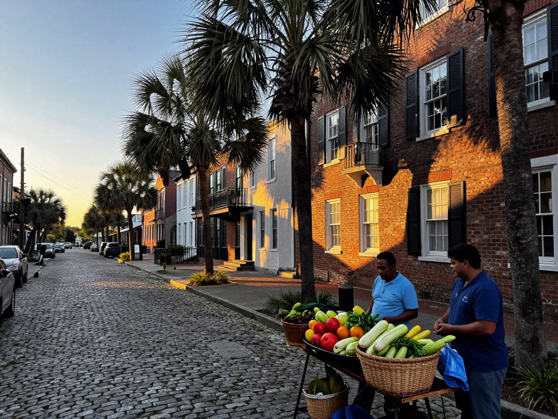 Early Evening Charleston Street Scene with Açaí Palm and Basket Tray in in Charleston, South Carolina, United States