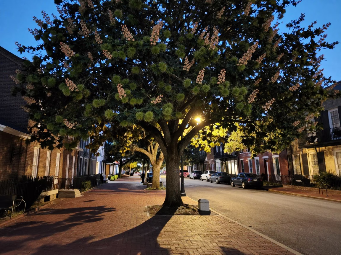 Early Evening Charleston Street Scene with Chestnut Tree and Vintage Lockbox in in Charleston, South Carolina, United States