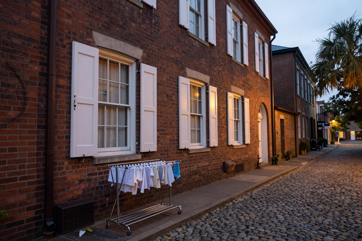Early Evening Charleston Street Scene with Drying Rack and Persimmons in in Charleston, South Carolina, United States