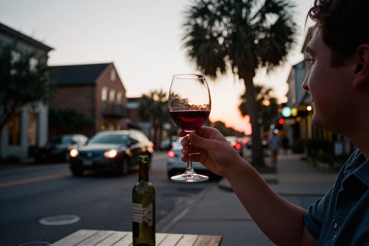 Early Evening Charleston Street Scene with Red Wine and Pomegranate Tree in in Charleston, South Carolina, United States