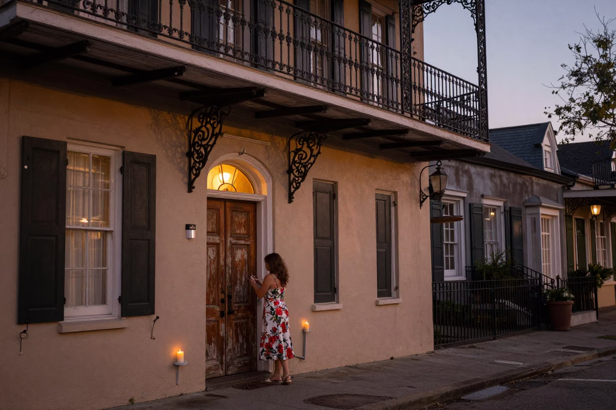 Early Evening Charleston Street Scene with Taper Candle and Latch Details in in Charleston, South Carolina, United States