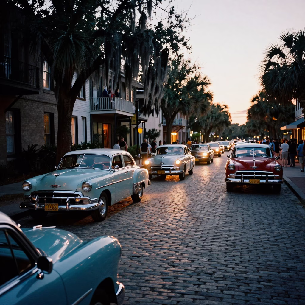 Early Evening Charleston Street Scene with Vintage Car Rally and Succulents in in Charleston, South Carolina, United States