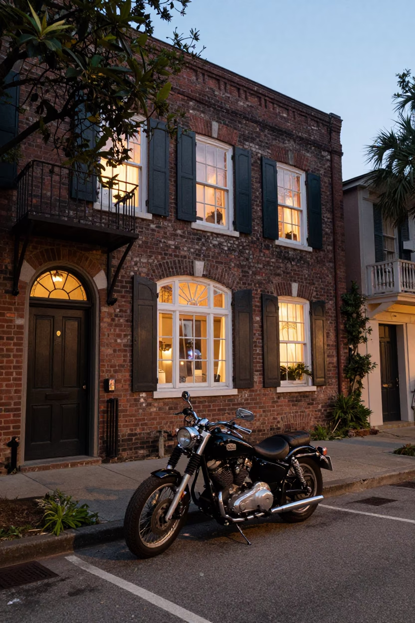 Early Evening Charleston Street Scene with Vintage Motorcycle and Local Diner in in Charleston, South Carolina, United States