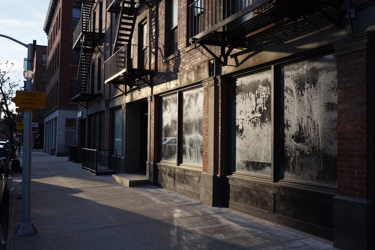 Early Evening Chicago Street Scene with Condensation on Glass and Rust Details in in Chicago, Illinois, United States