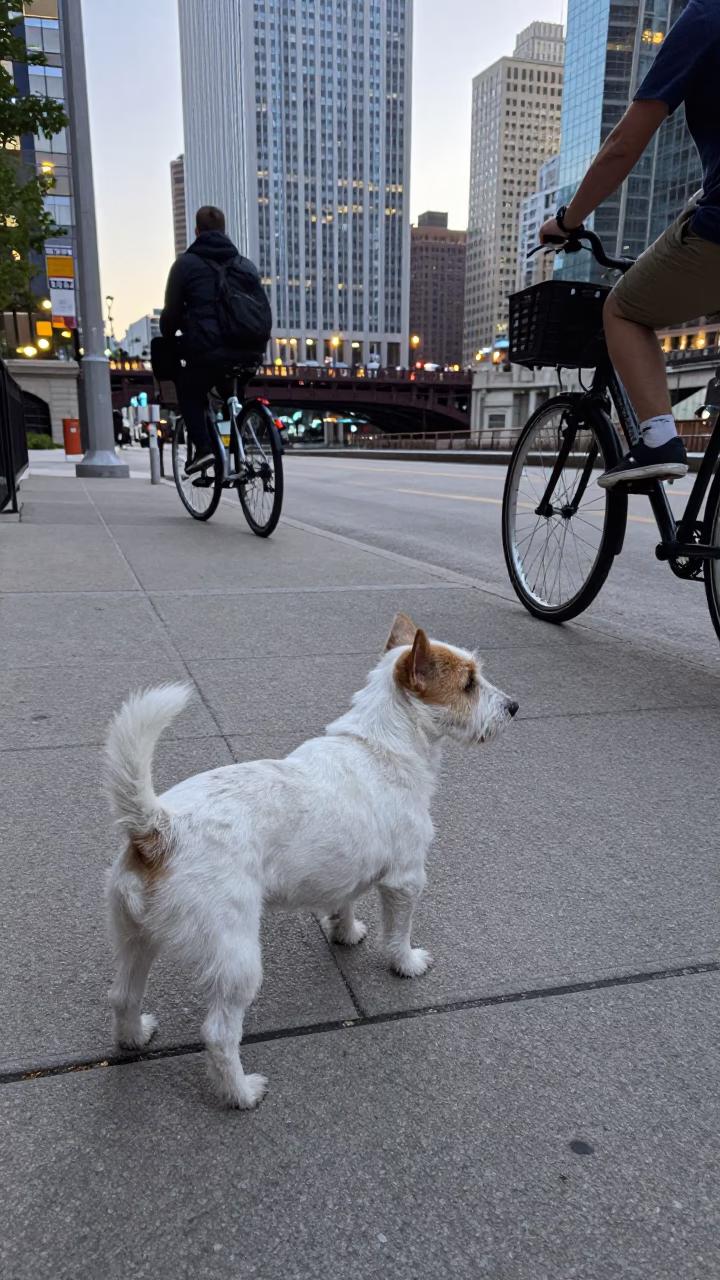 Early Evening Chicago Street Scene with Miniature Bull Terrier and Scarf in in Chicago, Illinois, United States