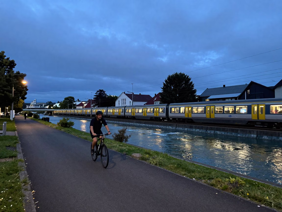 Early Evening Christchurch Street Scene with Commuter Train Crossing Bridge at Blue Hour in in Christchurch, New Zealand