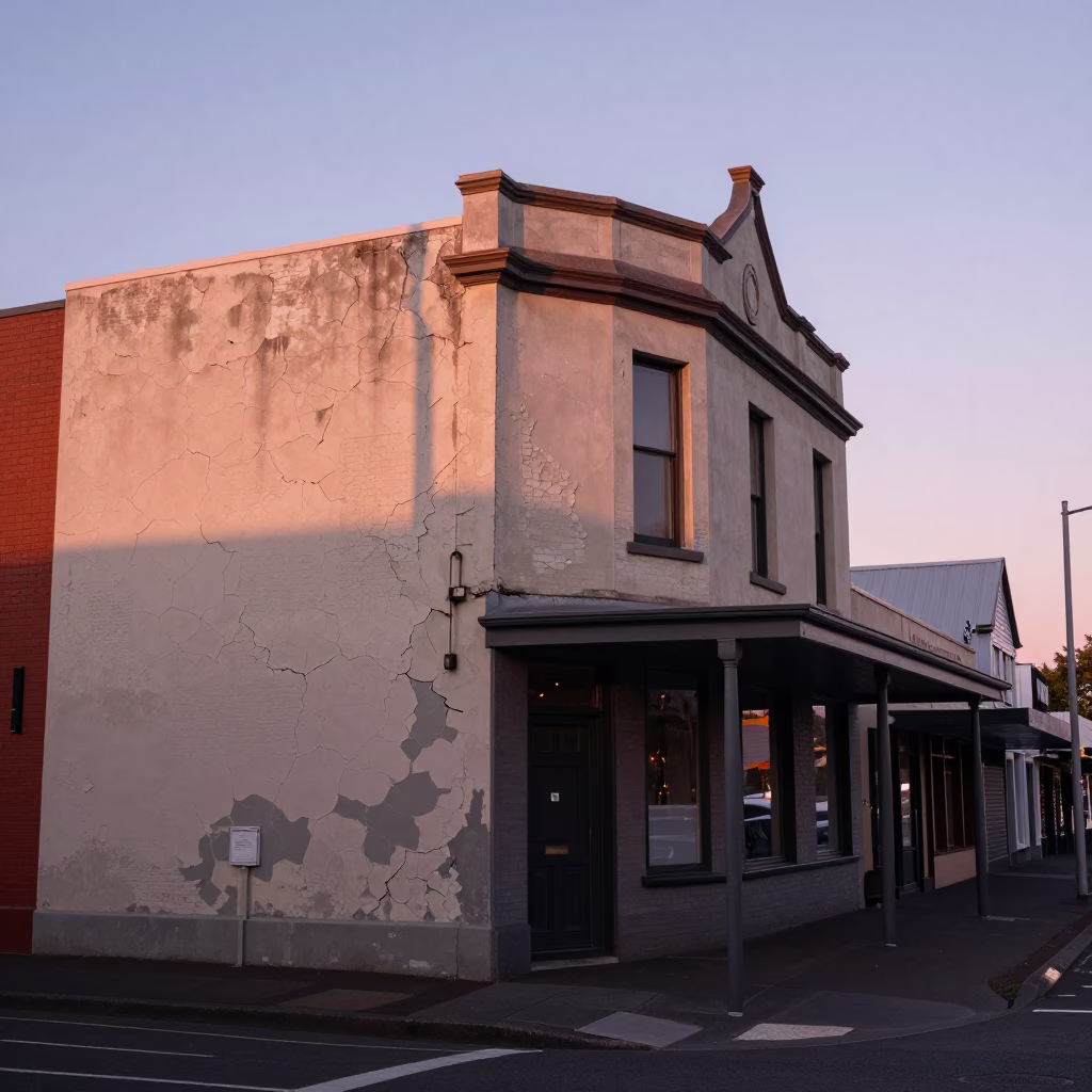 Early Evening Christchurch Street Scene with Cracked Stucco and School Staircase Details in in Christchurch, New Zealand