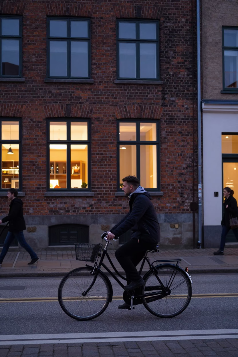 Early Evening Copenhagen Street Scene with Bicycle and Local Dining in in Copenhagen, Denmark