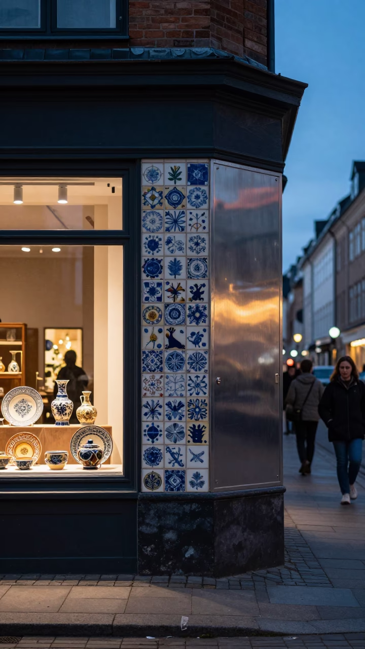 Early Evening Copenhagen Street Scene with Ceramic Tiles and Brushed Steel Details in in Copenhagen, Denmark