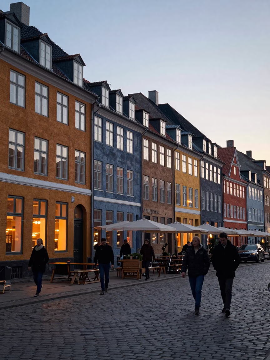 Early Evening Copenhagen Street Scene with Traditional Architecture and Pedestrians in in Copenhagen, Denmark