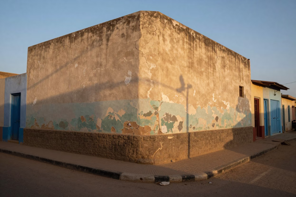 Early Evening Dakar Street Scene with Cracked Stucco and Indigo Fabric Drying in in Dakar, Senegal