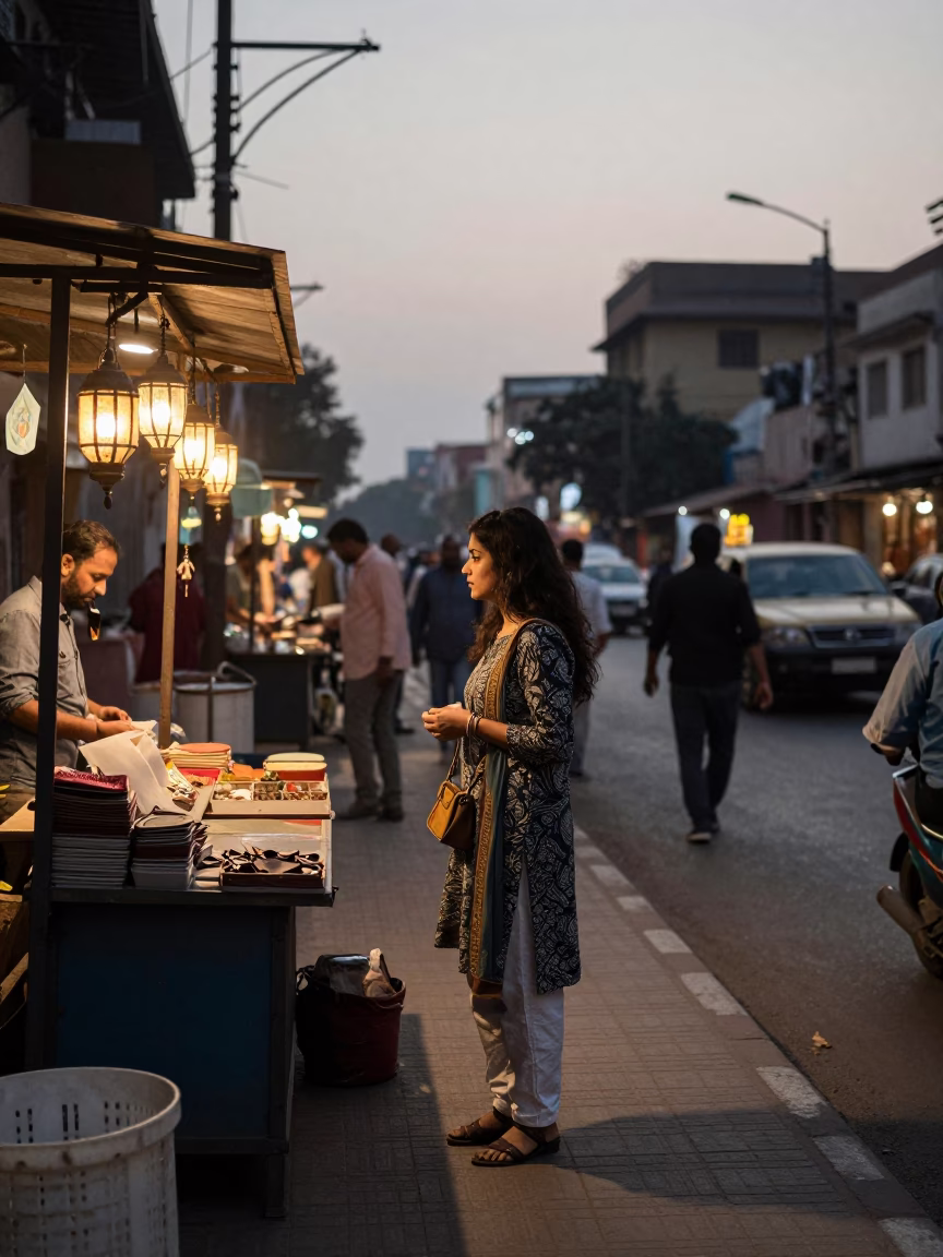 Early Evening Delhi Street Scene with Lanterns and Locket in in Delhi, India
