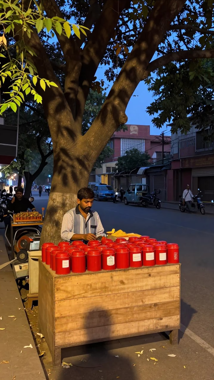 Early Evening Delhi Street Scene with Tree Spice Tins and Bell in in Delhi, India