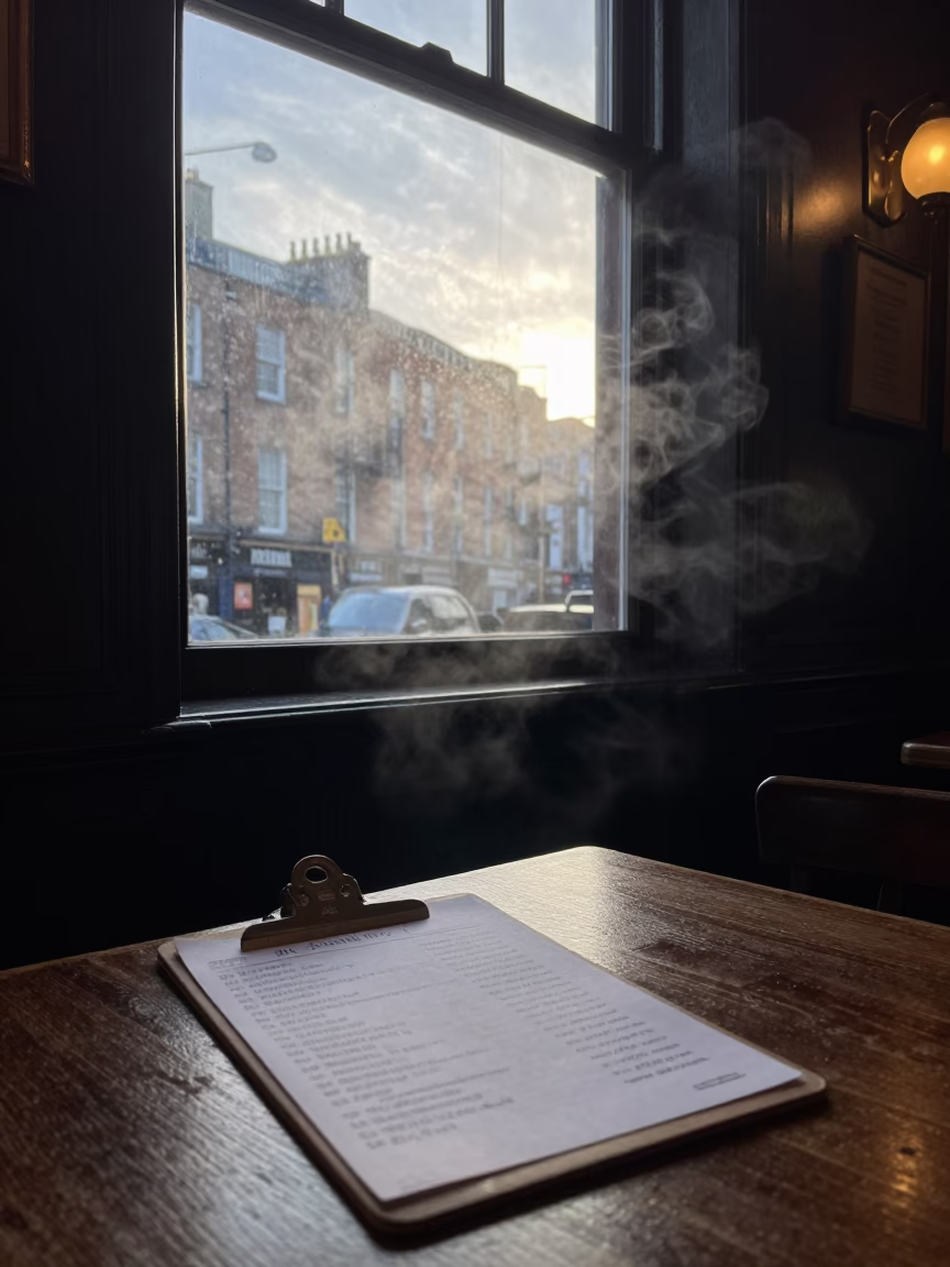 Early Evening Dublin Pub Interior with Steam on Window and Clipboard in in Dublin, Ireland
