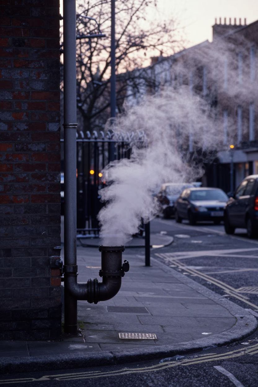 Early Evening Dublin Street Scene with District Heating Pipe and Lichen Boulder in in Dublin, Ireland