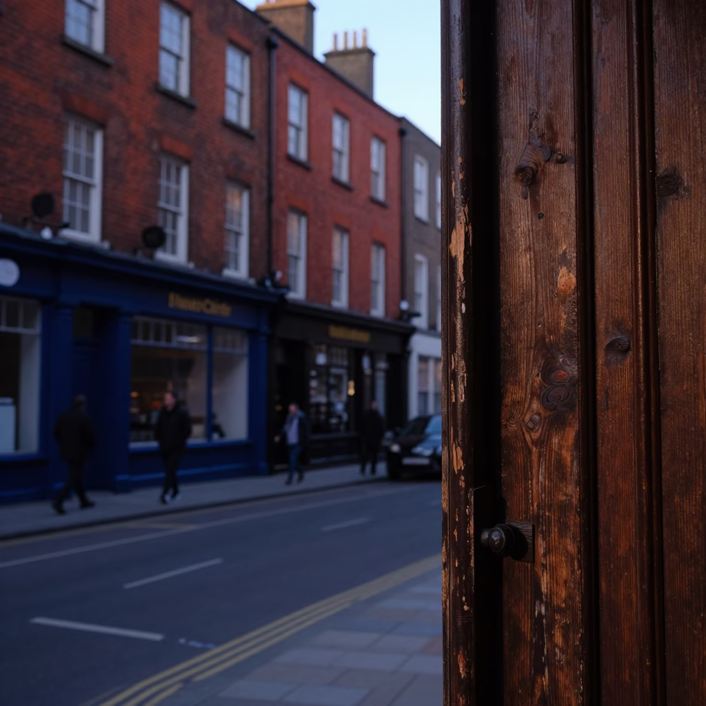Early Evening Dublin Street Scene with Doorframe and Local Interaction in in Dublin, Ireland