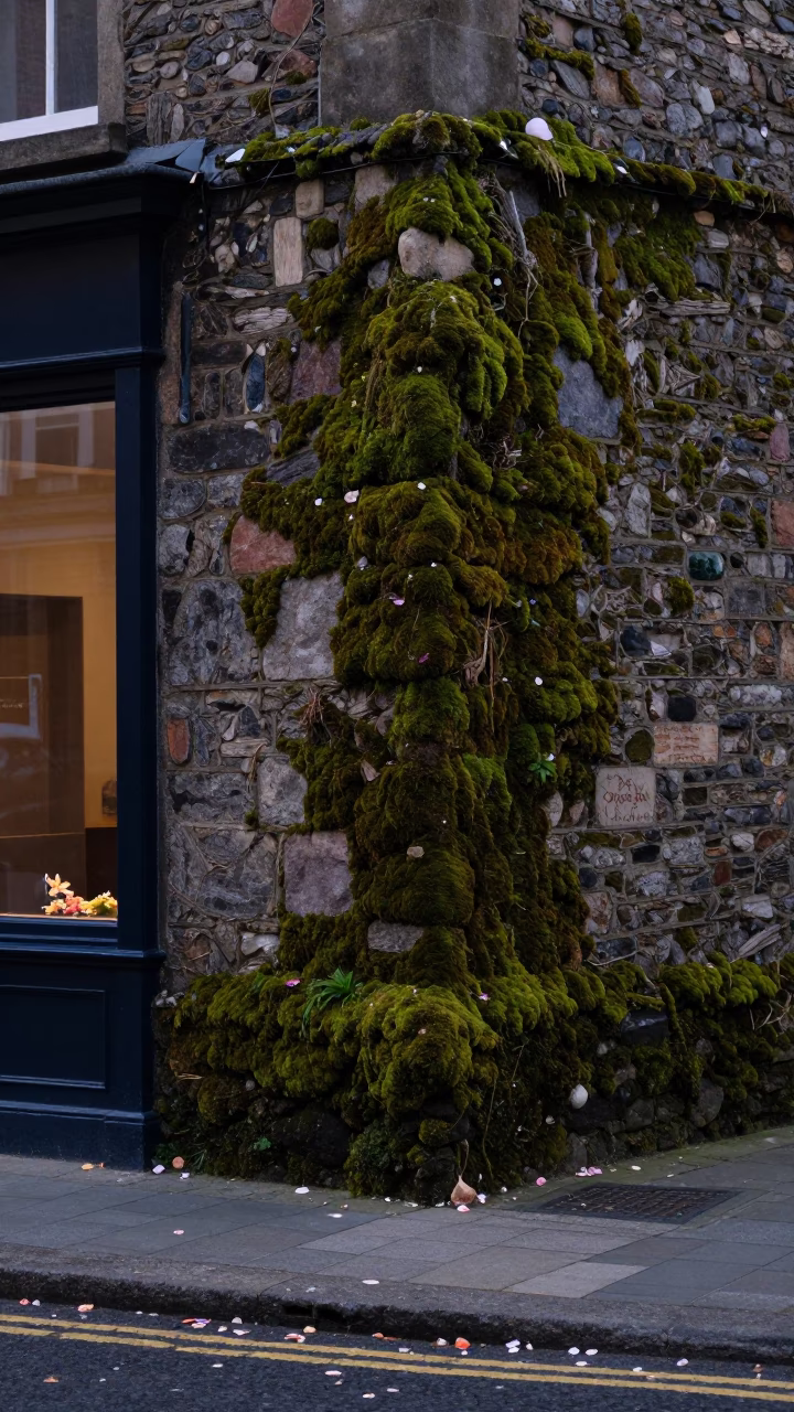 Early Evening Dublin Street Scene with Mossy Stone Walls and Colorful Flower Petals in in Dublin, Ireland